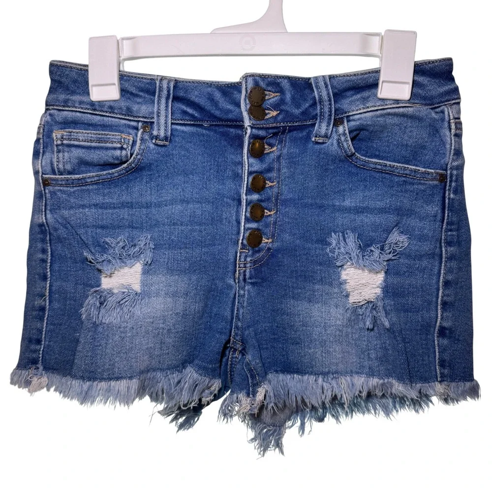 WAX Jean Los Angeles Distressed High Waisted Button Fly Denim Shorts Medium Wash
